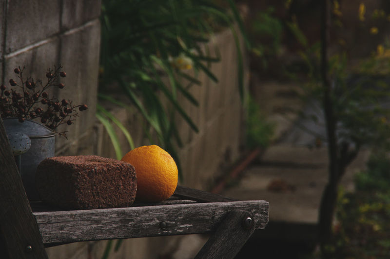 Close-up of orange fruits on the wooden chair