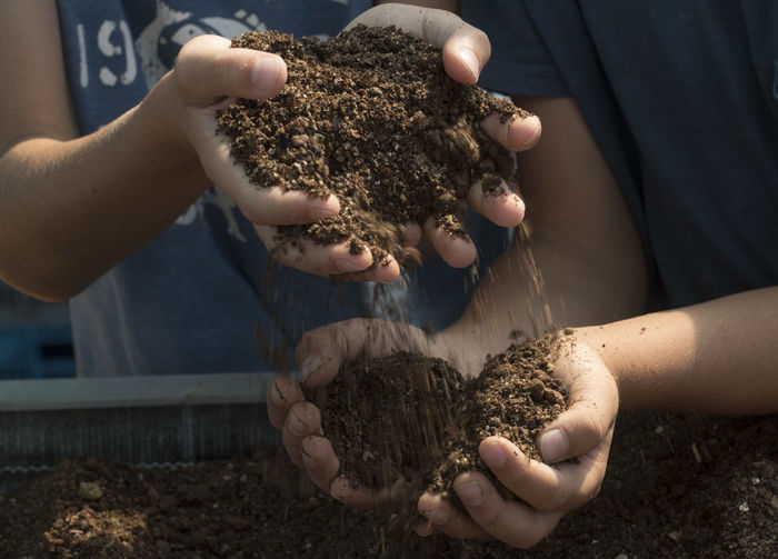 Midsection of people holding soil in hands