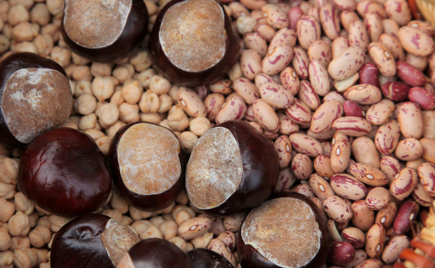 Close-up of chestnuts on kidney beans and chick-peas