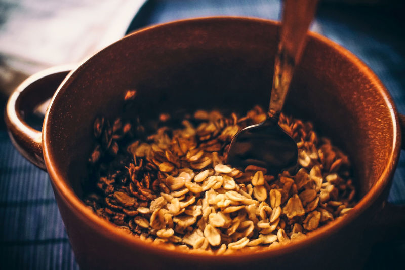 Close-up of oatmeal in bowl on table