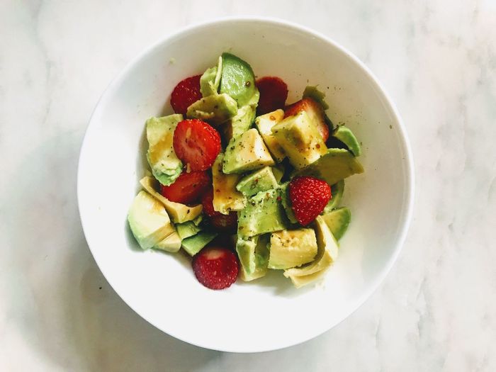 High angle view of salad in bowl on table