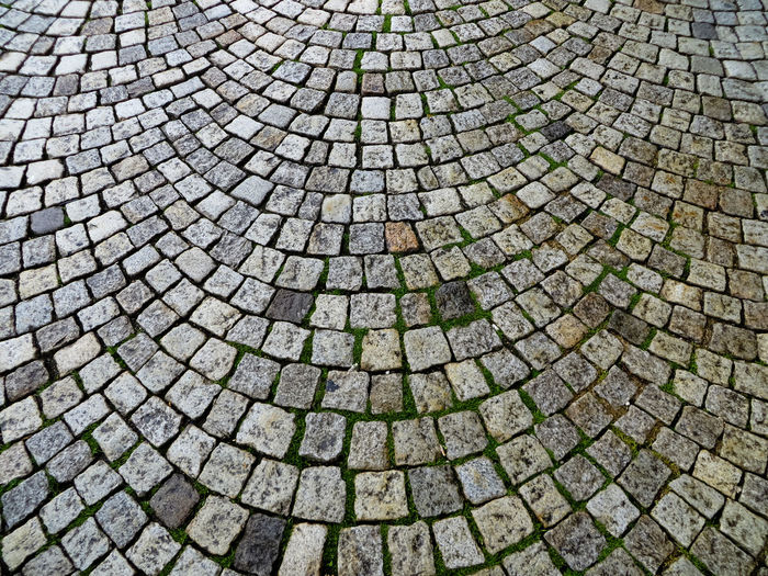 High angle view of cobblestone roadway