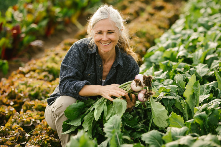 Smiling woman harvesting vegetable in farm