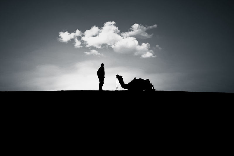 Silhouette people with dog against sky