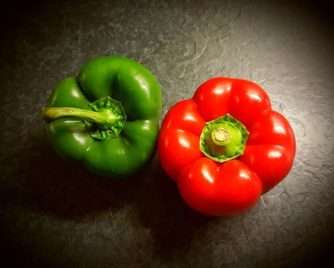 High angle view of bell peppers and tomatoes