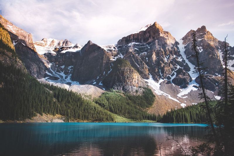 Scenic view of lake by mountains against sky