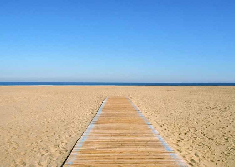 Scenic view of beach against clear blue sky