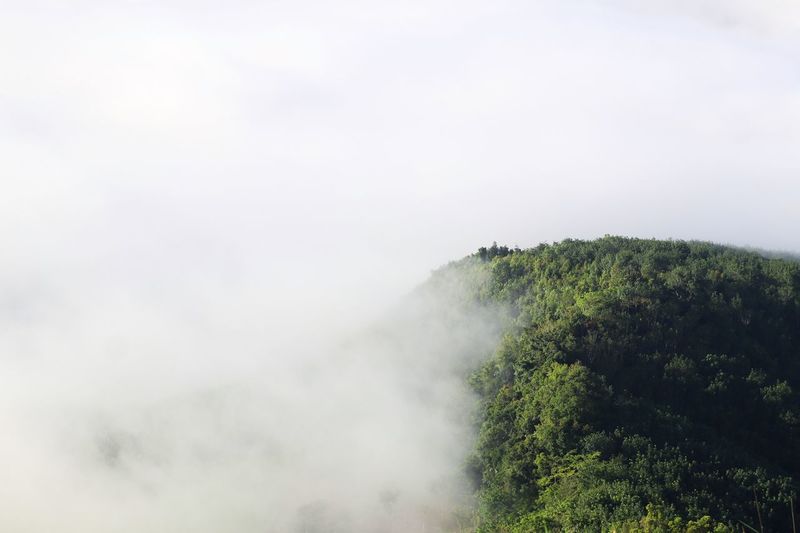 Scenic view of fog over mountain against sky