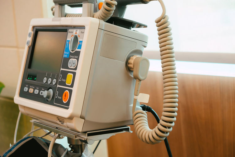 Close up image of defribillator equipment at the hospital room