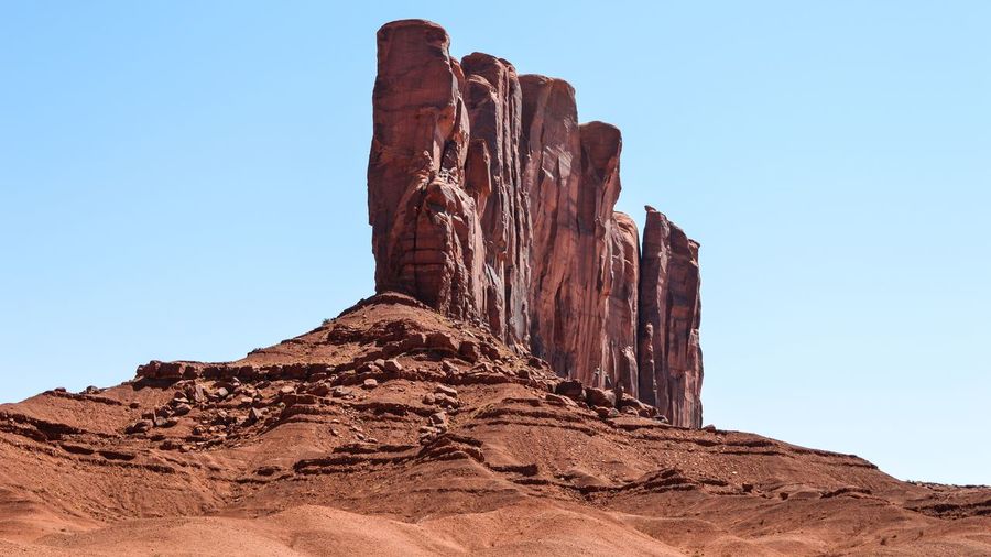 Low angle view of rock formation in desert against clear sky