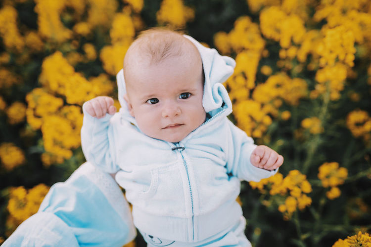Portrait of cute baby girl standing on yellow flowering plants