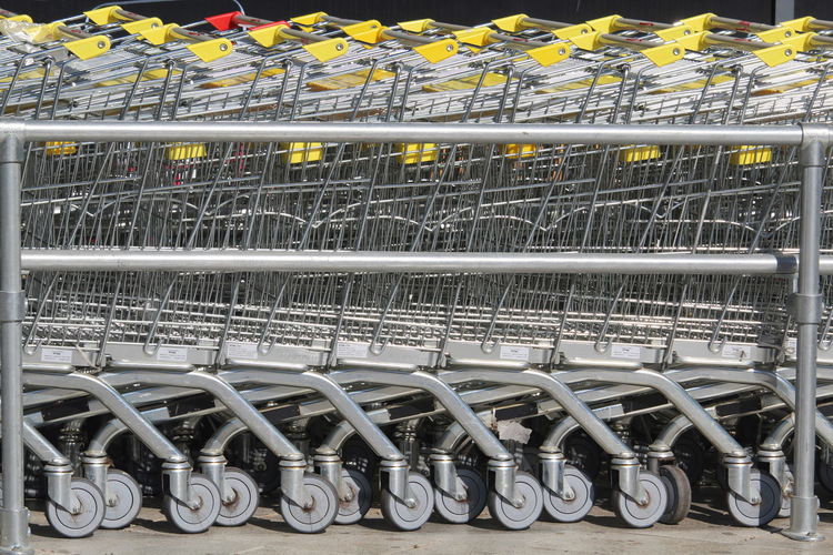 Close-up of shopping cart in rack