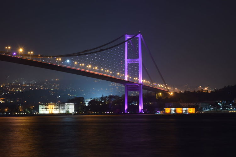 Illuminated bosphorus bridge over river in city at night