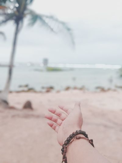 Midsection of person hand on beach