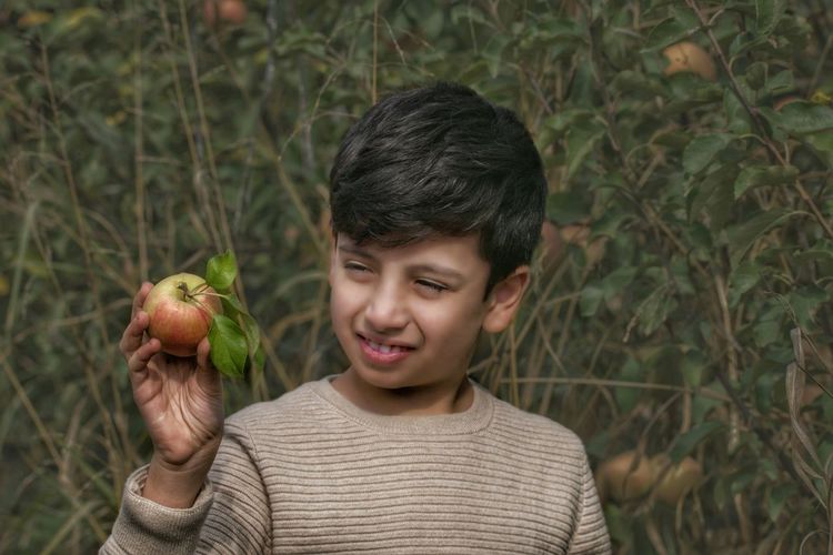Close-up of boy looking at apple against trees
