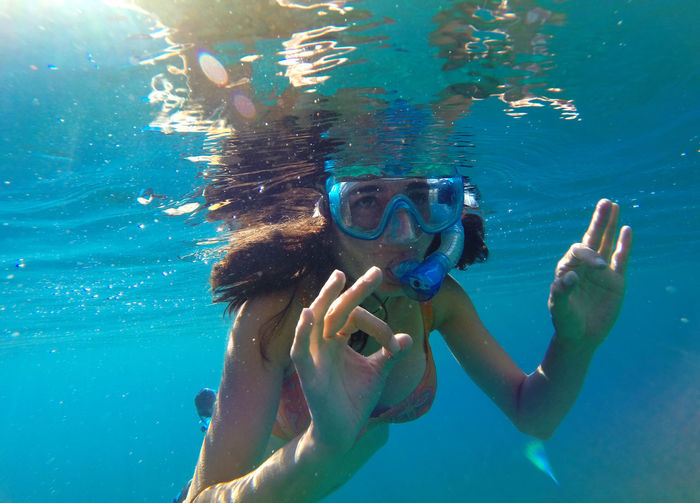Close-up of woman snorkeling underwater
