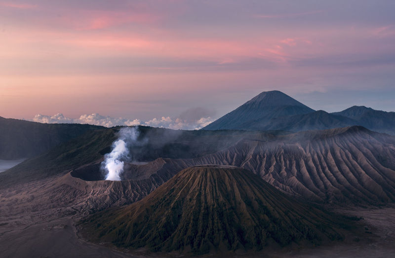View of volcanos at sunset