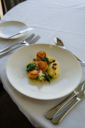High angle view of food in plate on table