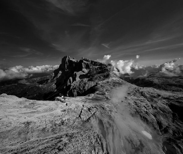 Wide angle view at the top of cima rosetta , in trentino alto adige . this is a bw photo , the fog i