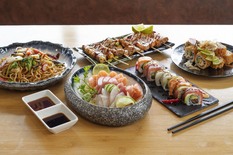 High angle view of asian food on table