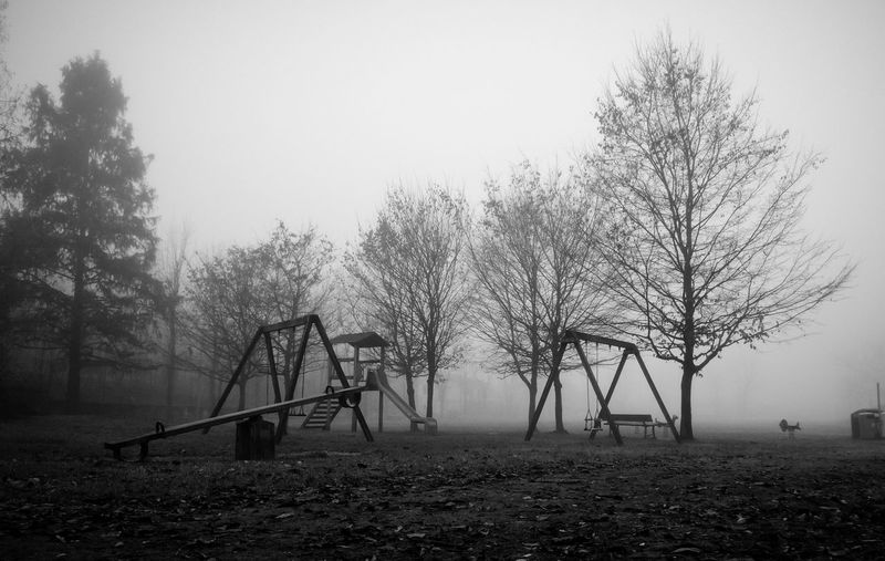 Playground equipment in park during foggy weather