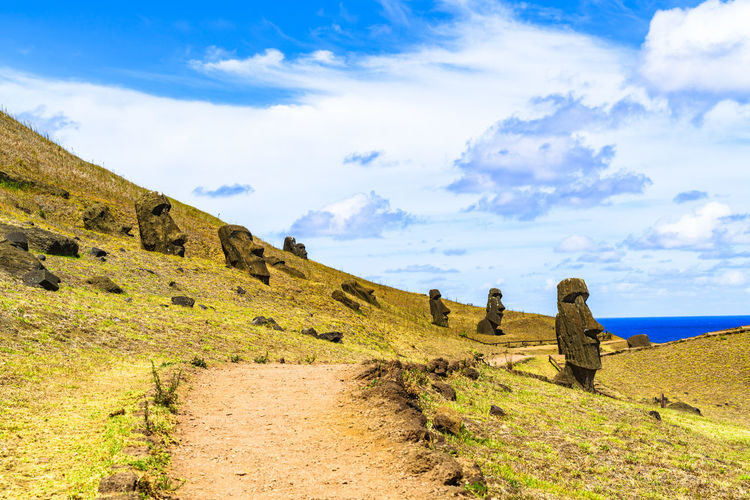 Moai statues on landscape against cloudy sky