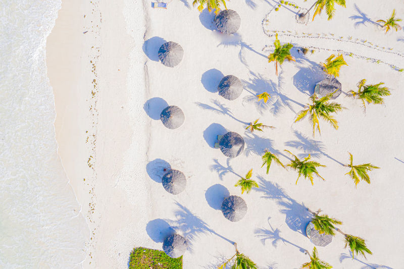 Aerial view of tropical sandy umbrellas at sunny day. summer holiday on indian ocean, zanzibar, 