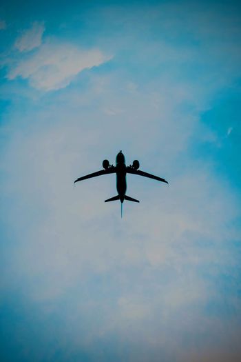Low angle view of silhouette airplane against sky