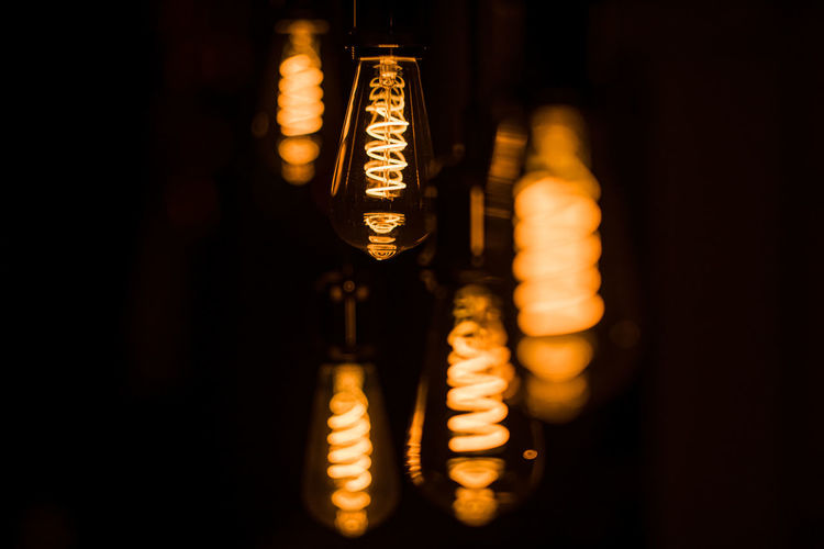 Edison type decorative led filament bulbs in a row