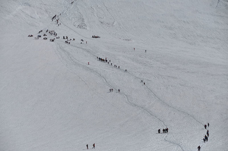 High angle view of people on street during winter