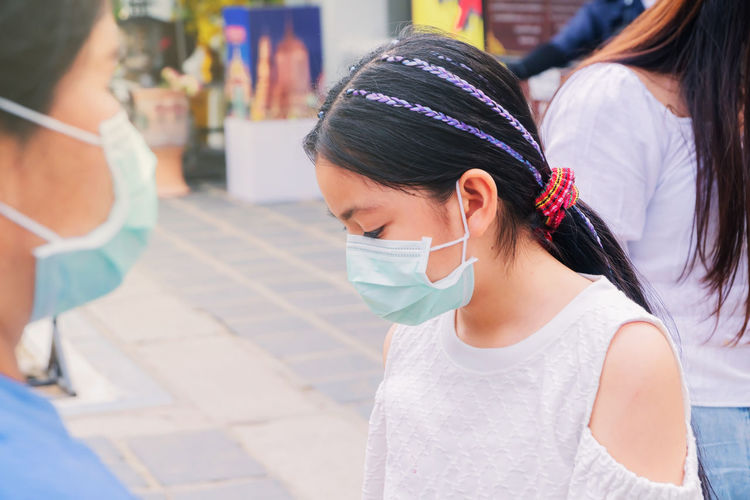 Portrait of a girl afraid of covid-19, girls are protected from viruses by wearing a mask.