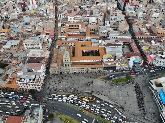 La paz bolivia high angle aerial shot of cathedral and traffic in the main square 