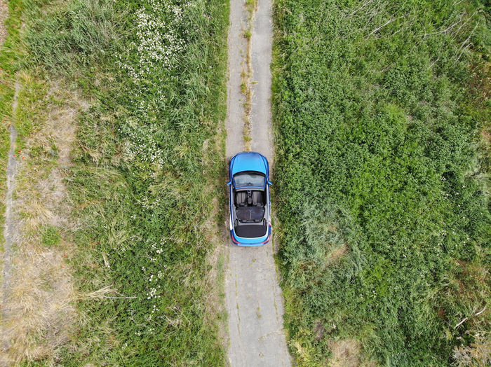 High angle view of cabrio car on field