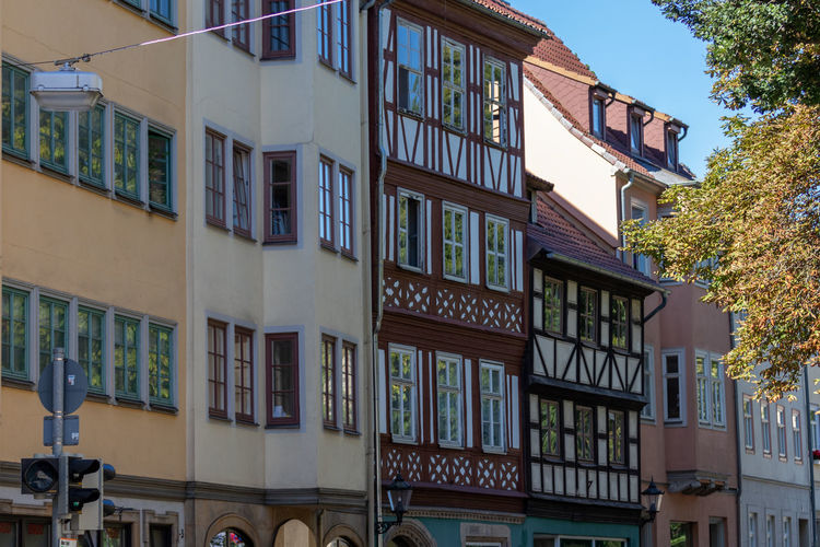 House facades with half-timbered houses in a street in coburg, bavaria
