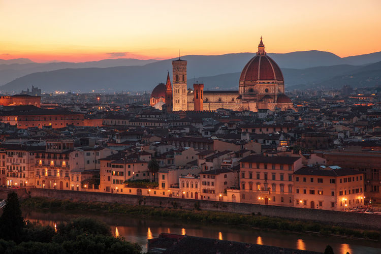 Twilight view of cathedral of santa maria del fiore, view from piazzale michelangelo, florence.