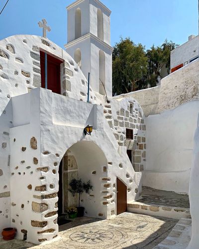 Traditional building against sky, astypalea island, city of chora, greece
