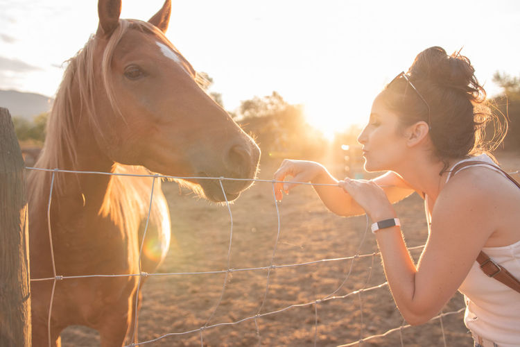 Woman standing by horse at ranch during sunset