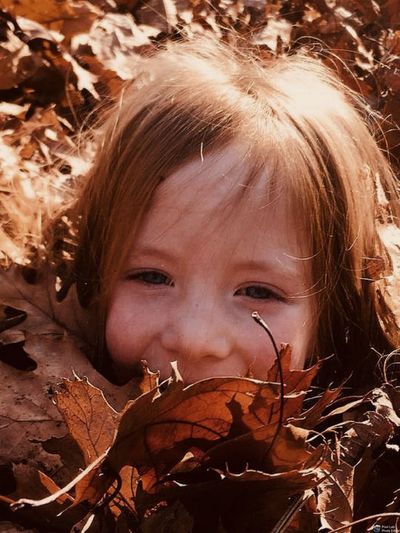 Close-up portrait of a girl with autumn leaves