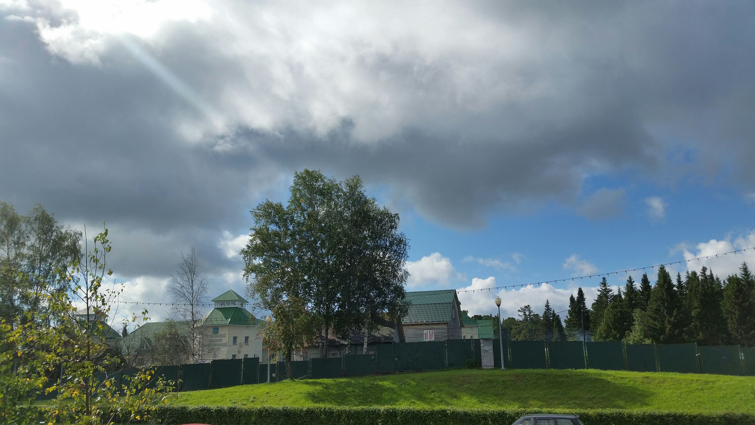 sky, tree, cloud - sky, building exterior, built structure, cloudy, architecture, cloud, grass, growth, field, nature, overcast, green color, day, park - man made space, house, weather, outdoors, lawn
