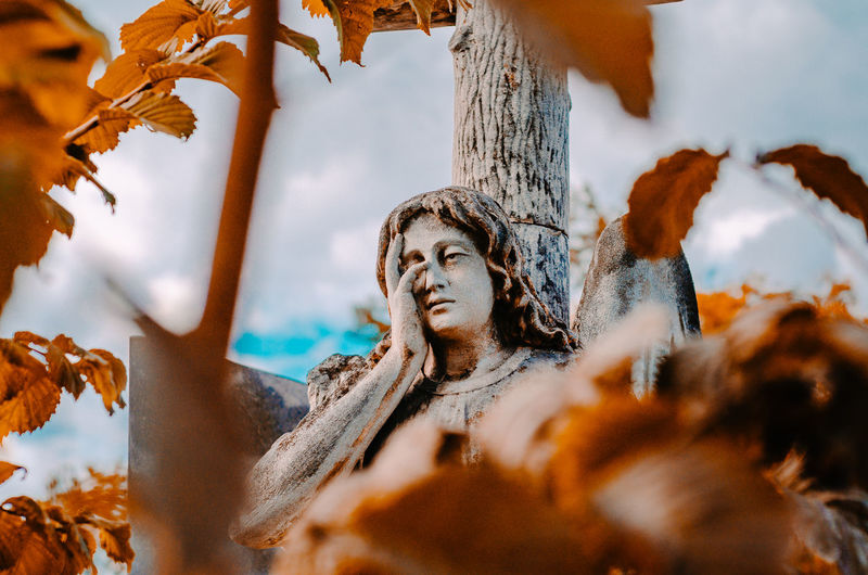 Old stone statue in autumn park. weeping angel.