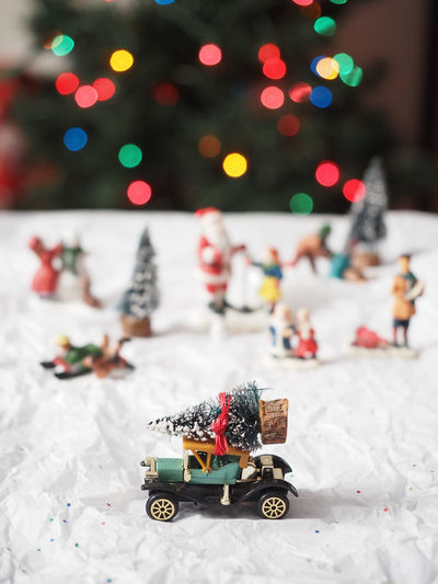 Close-up of toy car on christmas tree
