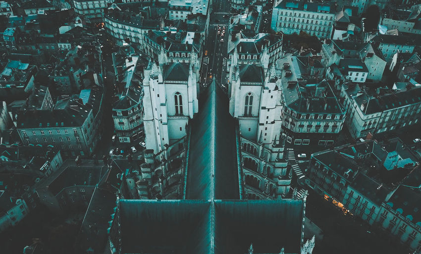 High angle view of nantes cathedral in city