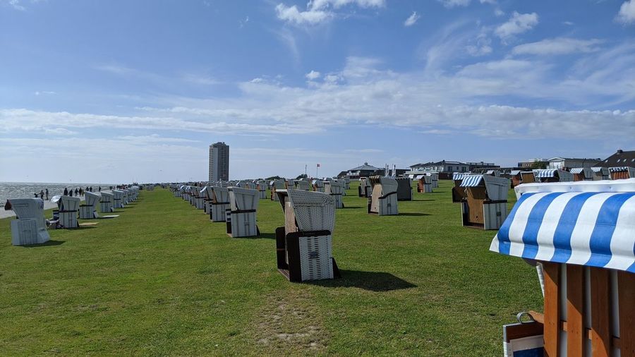 Row of cemetery against sky