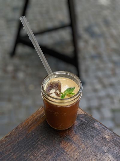 High angle view of drink on table