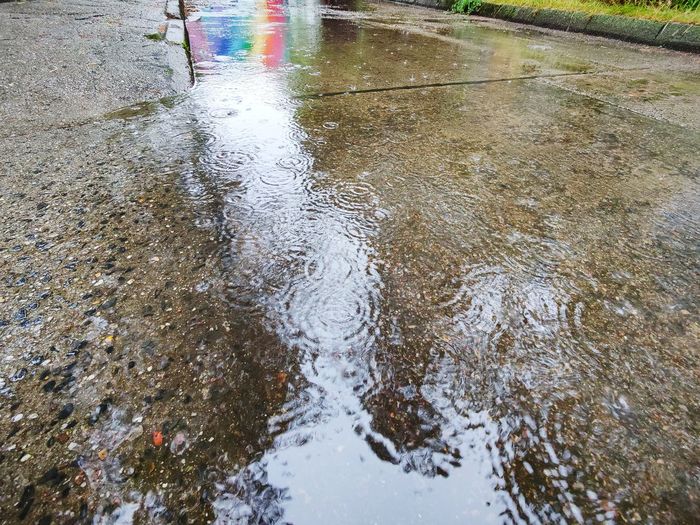 High angle view of raindrops on puddle with rainbow colors in the background