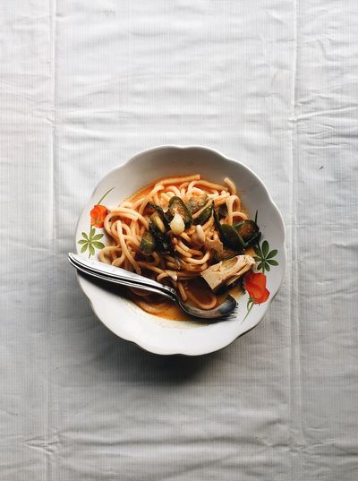 High angle view of food in plate on table