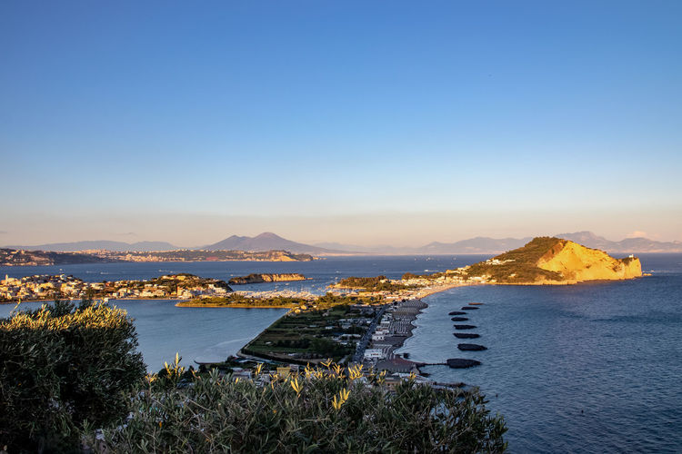 The panorama of the beach of miseno, of the mountain of miseno with the lake of bacoli behind it. 
