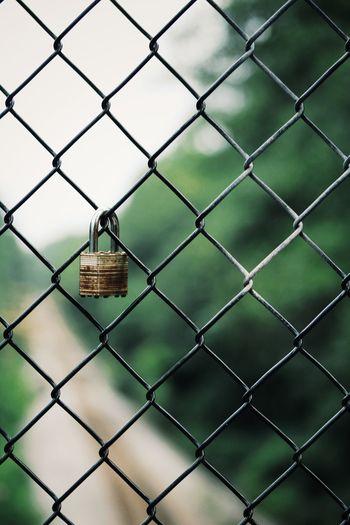 Close-up of padlock hanging from chainlink fence