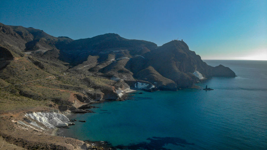 Scenic view of sea and rocks against clear sky