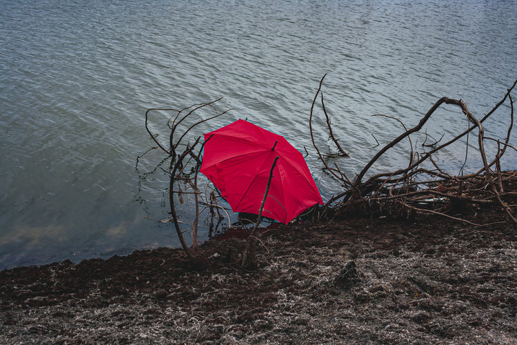 High angle view of umbrella on the water